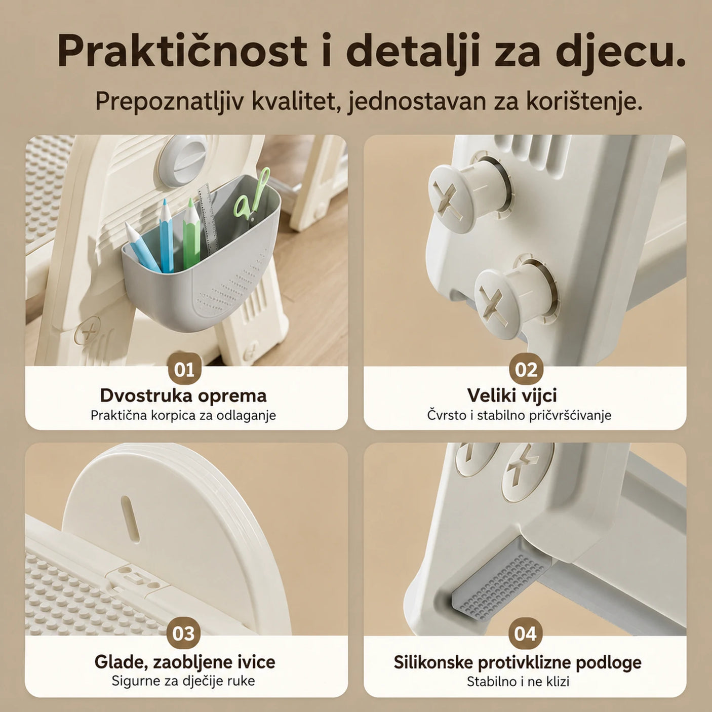 Zaobljene ivice protuklizne podloge i kutijica za pribor