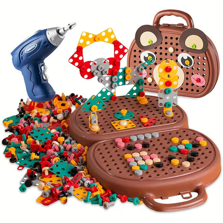 Montessori ToolBox konstrukcijski set s bušilicom, koferom i šarenim dijelovima