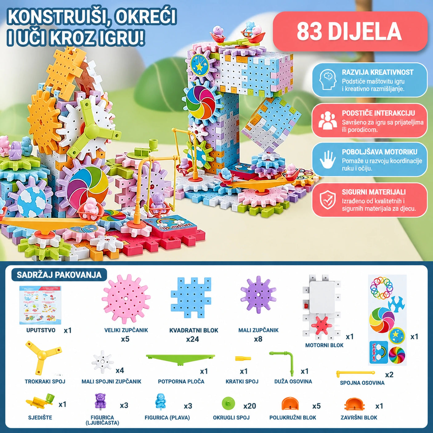 Mechanical Gear Blocks STEM igračka i sadržaj pakovanja
