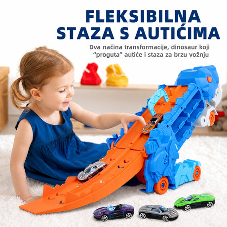 Dijete se igra TREX dinosaur kamionom i metalnim autićima